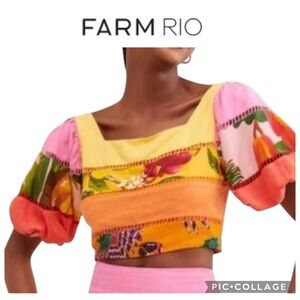 Farm Rio Rainbow Mixed Floral Print Tiered cropped Top Size M